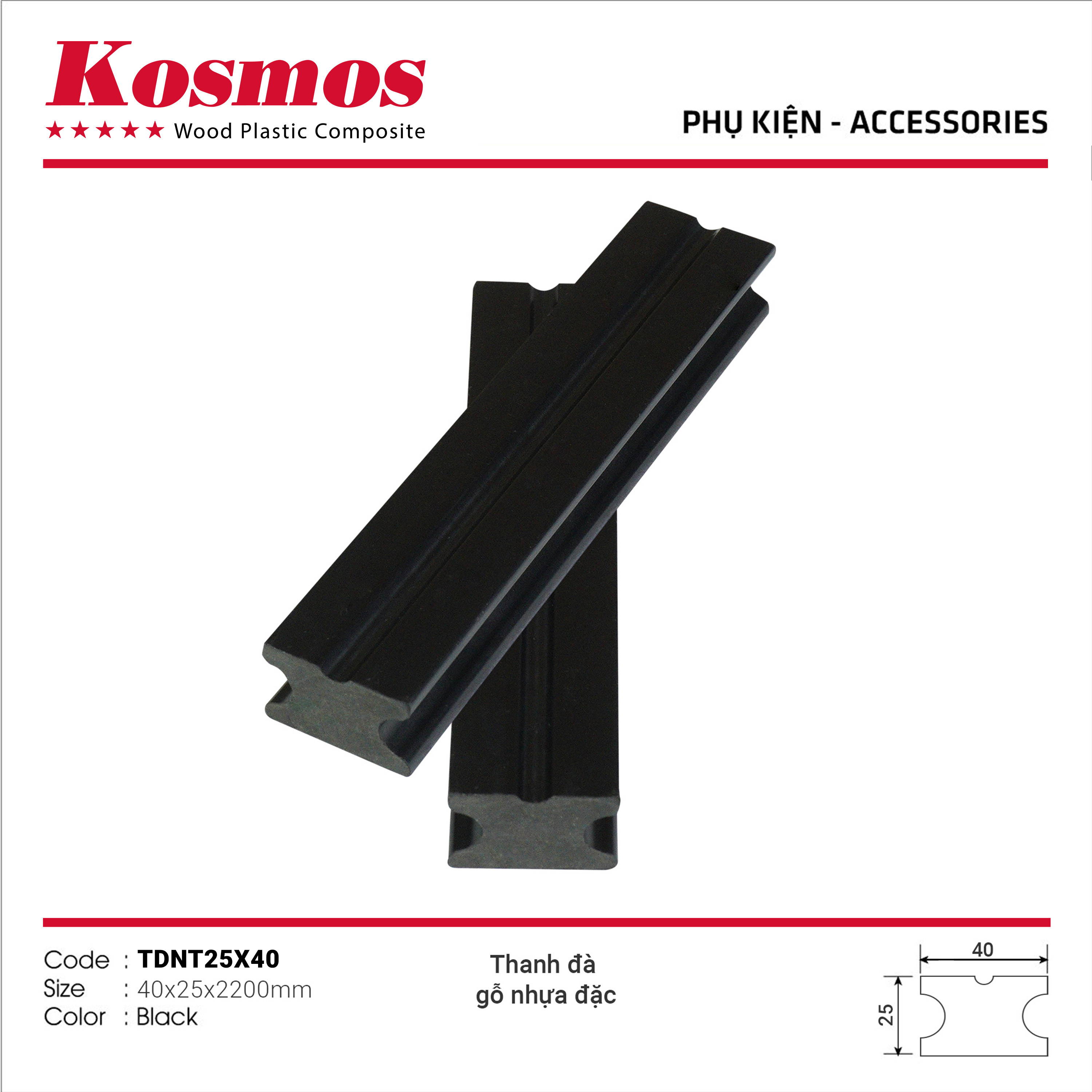 TDNT 25x40 – Màu Black Thanh đà gỗ nhựa Kosmos